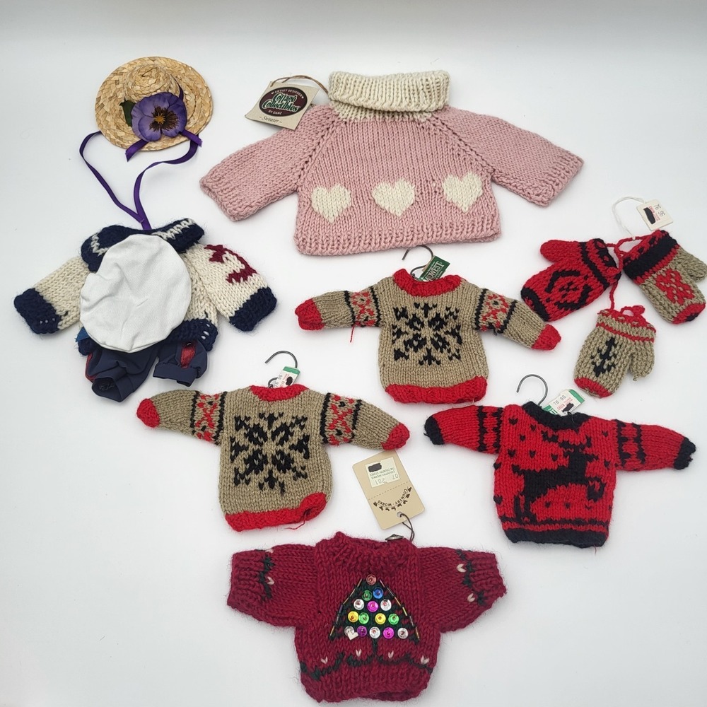 Vintage Lot Teddy Bear Doll Clothes Outfits Sweater, Hat, gloves w/ 3 hanger